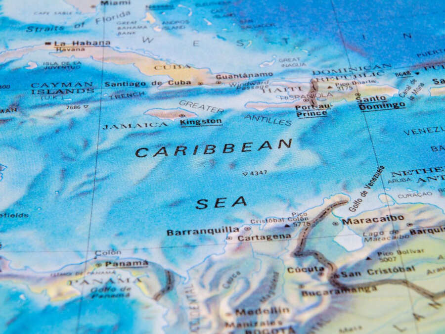 A portion of a world map focused on the Caribbean Sea and the islands surrounding it.